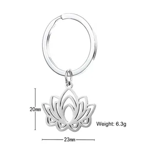 Minimalist stainless steel lotus flower keychain with hollow pendant design in silver finish
