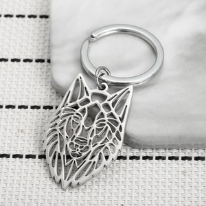 Porte-clés en Acier Inoxydable Tête de Loup Géométrique Ajouré Porte-clés Animal Moderne Hommes Femmes Anneau de Clé de Voiture Bijoux Gothiques Argent