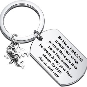 Inspirational Stainless Steel Dragon Keychain With Flying Dragon Pendant And Engraved Tag Silver Keyring For Halloween Birthday Gift
