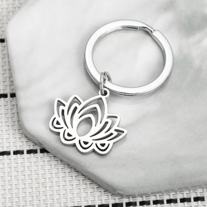 Minimalist Stainless Steel Hollow Lotus Pendant Keychain Silver Flower Plant Key Ring Charm For Birthday Graduation Gift