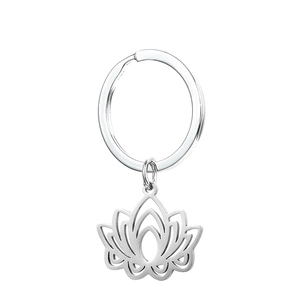 Polished stainless steel lotus flower keychain with hollow floral charm pendant