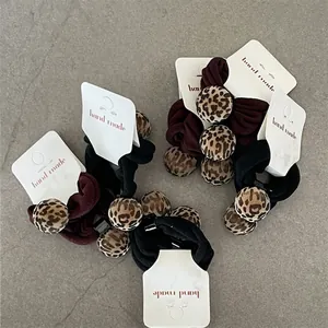 Chic leopard print bead hair ties set with burgundy and black elastic bands for women