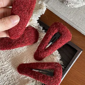Red Autumn Winter Plush Hair Clips Geometric Triangle Water Drop BB Clips Cloth Hairpins For Women Girls Side Clips
