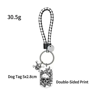 Skull keychain with braided leather lanyard and double-sided print dog tag, 30.5g