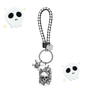 Gothic Stainless Steel Skull Keychain With Braided PU Leather Rope Butterfly Floral Pendant Halloween Party Gift For Men Women