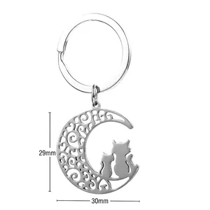 Edelstahl Schlüsselanhänger mit Mond und Katzen, durchbrochenes Design, 29mm x 30mm