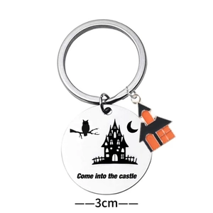 Polished stainless steel Halloween owl castle keychain with orange and black house pendant