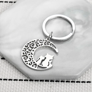 Kreative Edelstahl Hohl Mond Katzen Silhouette Schlüsselanhänger Für Paare Valentinstag Hochzeit Geschenk Silber Metall Schlüsselring Anhänger