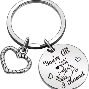 Porte-clés en acier inoxydable avec pendentif cœur et gravure de chat You're All I Knead