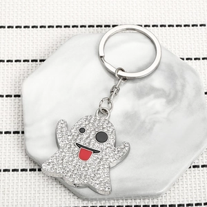 Cute Rhinestone Ghost Keychain Cartoon Zinc Alloy Metal Keyring Sparkling Halloween Spirit Pendant Charms For Bag Car Decor