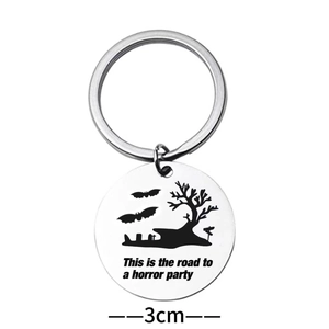 3cm Halloween round metal keychain with horror party engraving and bat silhouettes