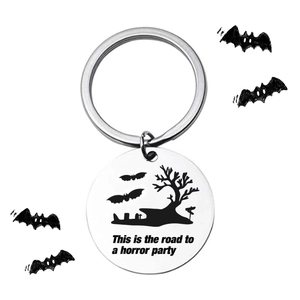 Halloween Keychain This Is The Road To A Horror Party Stainless Steel Bat Dead Tree Graveyard Pattern Pendant Keyring Party Favor