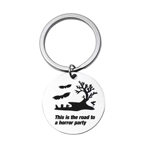 Halloween horror party keychain with stainless steel round pendant and bat silhouettes