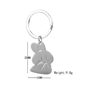 Cute stainless steel rabbit carrot keychain for backpacks, silver bunny charm 30x20mm