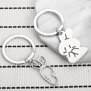 Cute bunny and carrot stainless steel keychain set for couples with polished finish