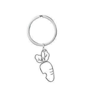 Detail of silver stainless steel keychain featuring a minimalist hollow carrot pendant design