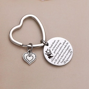 Stainless steel panda keychain with heart charm and engraved inspirational round plate