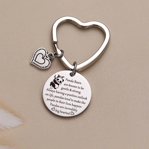 Panda stainless steel keychain with heart ring and engraved positive quote charm