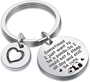 Detailed view of stainless steel keychain with cute panda quote and heart charm