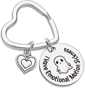 Polished heart keychain with cute ghost pendant and emotional motion sickness engraving