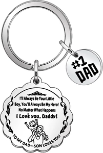 Macro detail of silver stainless steel Dad keychain with wave edge and engraved quotes