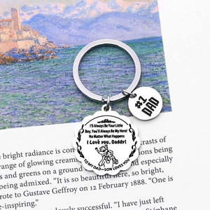 Stainless Steel Father's Day Keychain Engraved #1 Dad Hero Message Father Son Silhouette Pendant Car Key Ring Gift For Dad