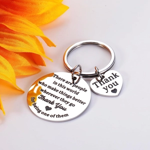 Polished stainless steel Thank You keychain set with engraved message on white background