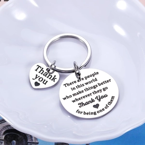 Polished stainless steel Thank You keychain with heart and round engraved charms on a plate