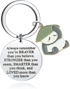 Macro shot of stainless steel keychain with cute panda charm and engraved inspirational quote