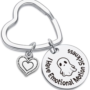 Ghost stainless steel keychain with heart ring and I Have Emotional Motion Sickness engraving