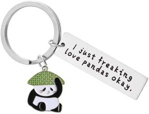 Detail of panda keychain with 'I just freaking love pandas okay' engraved steel plate