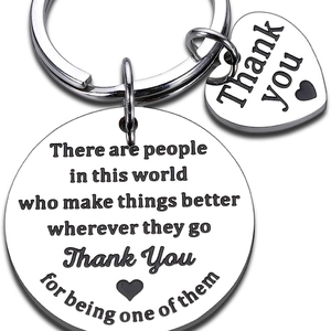 Silver stainless steel Thank You keychain with heart and round charms on white background