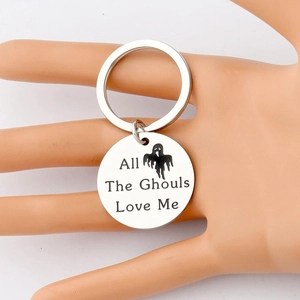 Polished stainless steel Halloween keychain with All The Ghouls Love Me ghost engraving