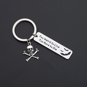 Gothic Stainless Steel Skull Keychain With Bat Pattern Too Weird To Live Too Rare To Die Quote Pendant Halloween Party Gift