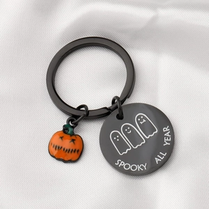 Spooky All Year stainless steel keychain with ghost pendant and orange pumpkin charm