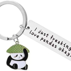 Panda stainless steel keychain with I just freaking love pandas engraved pendant