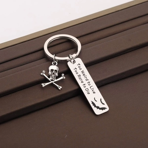 Gothic bat skull stainless steel keychain with Too Weird to Live Too Rare to Die engraving