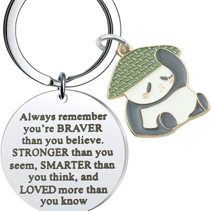 Inspirational stainless steel keychain with cute panda pendant and engraved quote ring