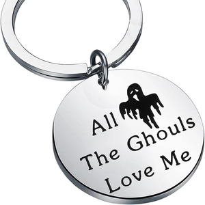 Stainless steel Halloween ghost keychain engraved with All The Ghouls Love Me text