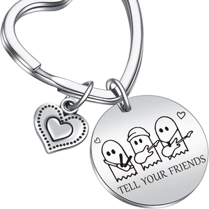 Tell Your Friends ghost stainless steel keychain with heart pendant and engraved musical ghosts