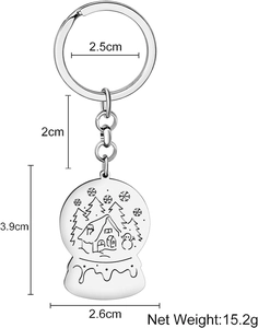 Detailed dimensions of stainless steel Christmas snow globe keychain with winter scene