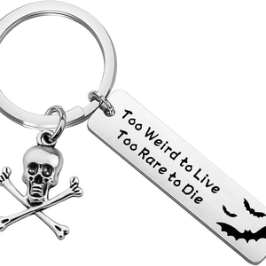 Silver stainless steel skull and bat keychain with Too Weird to Live engraved tag