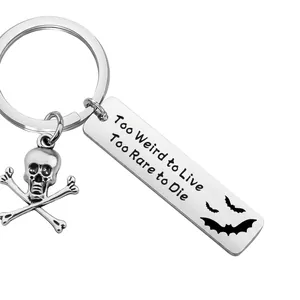 Gothic bat skull stainless steel keychain with engraved quote pendant for bag hanging