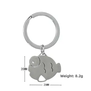 Detailed size view of silver fish-shaped stainless steel keychain measuring 20mm x 25mm
