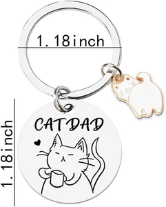 Detailed view of Cat Dad stainless steel keychain showing a 1.18 inch round engraved charm