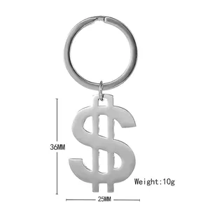 Polished stainless steel dollar sign keychain with a 36mm pendant, weight 10g