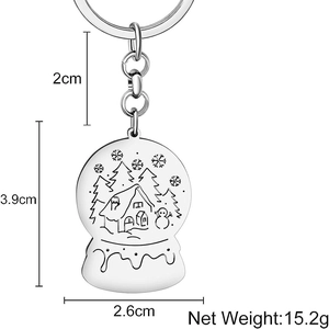 Stainless steel crystal ball keychain with winter cabin engraving and dimensions