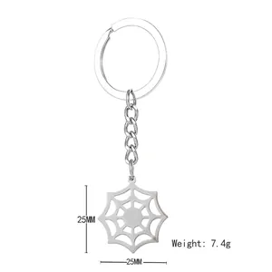 Polished stainless steel spider web keychain pendant for Halloween, 25mm 7.4g silver charm