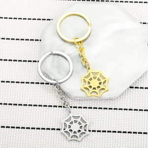 Polished stainless steel spider web keychains in gold and silver finish for Halloween