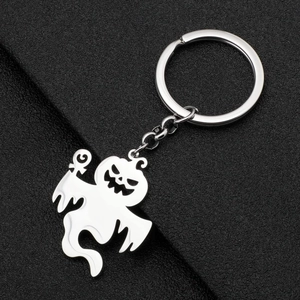 Stainless Steel Halloween Ghost Pumpkin Keychain 18K Gold Silver Plated Cartoon Spooky Pendant Key Ring For Party Gift